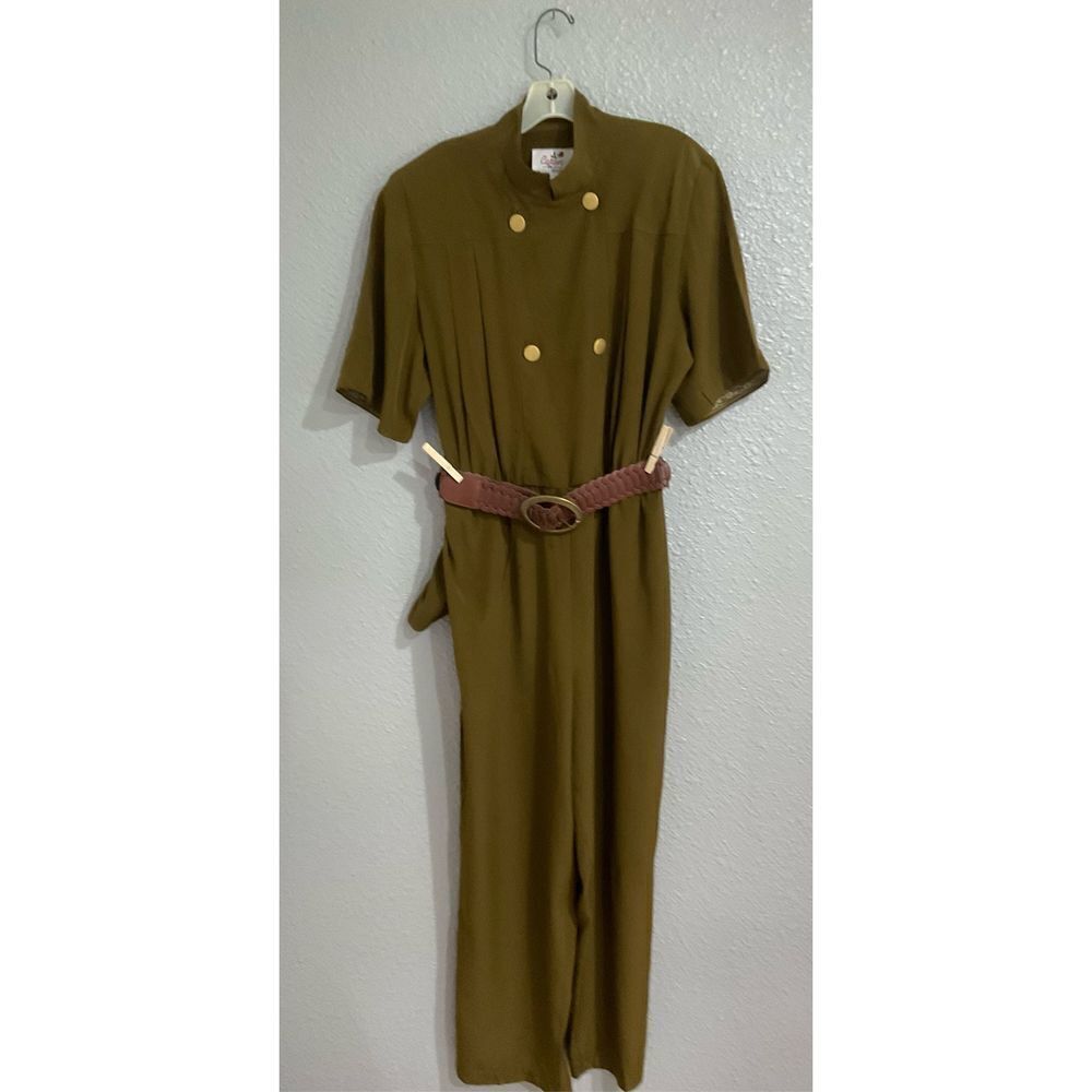 Vintage 70’s jumpsuit Army green gold buttons belt Sz 14 Imported fabric linen/